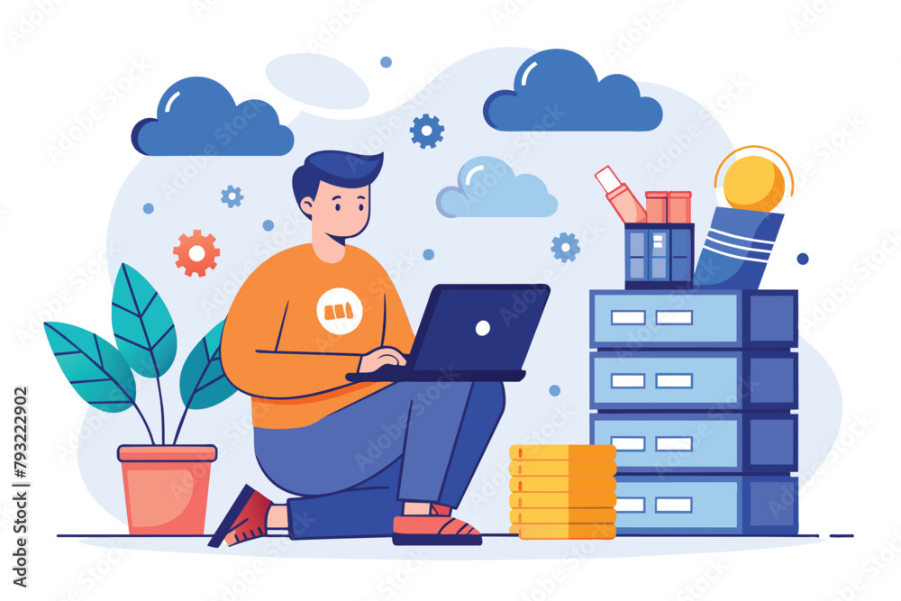 Poster a man is sitting on the floor, focused on using a laptop to manage cloud data and databases, man wit