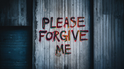 Rough grunge textured urban wall with spray painted graffiti word 'please forgive me' on its surface, thought provoking emotive concept with copy space for extra text and phrases.
