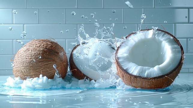   A pair of coconuts atop a table, water spilling from within them