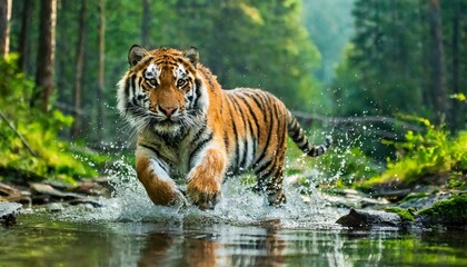 Amur Tiger Playing in The Water, Siberia. Dangerous Animal, Russia. Animal in Green Forest
