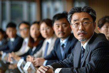 A Japanese business team in a meeting, the boss of the team is in focus while the rest is seen blurry in the background