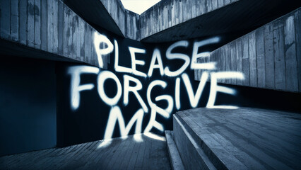 Rough grunge textured urban wall with spray painted graffiti word 'please forgive me' on its surface, thought provoking emotive concept with copy space for extra text and phrases.