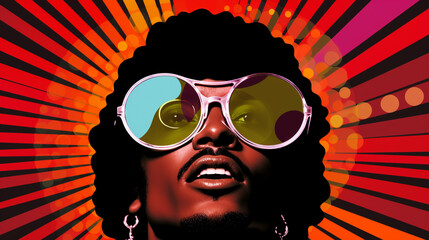 Retro Disco man 70s hairstyle. Vector pop art funky portrait man with retro sunglasses,  Created using generative AI tools