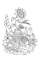 Coloring page. Still life. Sunflower in vase, food, fruits on plate, cheese, meat, egg, bottle. Coloring book. Hand drawn vector illustration