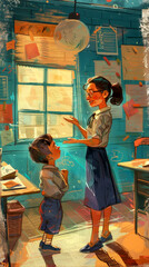 A woman and a boy are standing in front of a window in a classroom