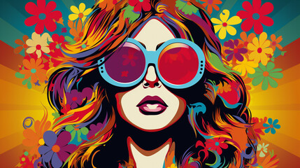 Hippie girl in pop art comic style, retro hippie woman with blonde hair and flower vector illustration,  Created using generative AI tools