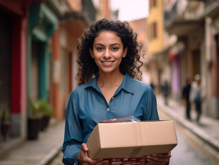 Happy Beautiful young girl holding boxes on unfocused background