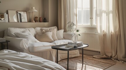 Minimalist living room with cozy white sofa, natural light, and elegant decor