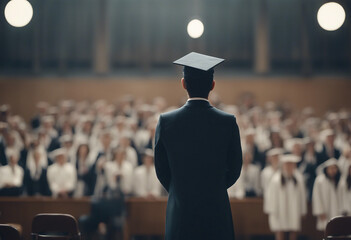 A graduate student in a gown gives a congratulatory speech to the audience