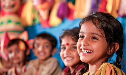 Naklejka premium Indian children smiling and watching a show. Close-up portrait . Joy and entertainment concept. Design for banner, poster, invitation..