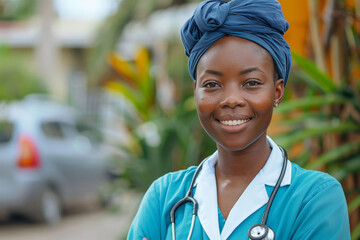 Nurse, portrait and smile with stethoscope for health, wellness and healthcare services. African woman, affirmative action and happy for medical care, work and emergency with equality in Nigeria