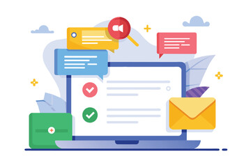 Laptop Displaying Numerous Email Notifications, massive promo notifications in the online application, Simple and minimalist flat Vector Illustration