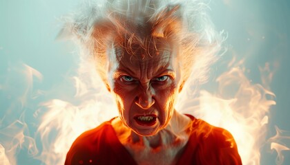 Generate an artistic rendition that encapsulates the spirit of an angry senior woman in a studio setting.