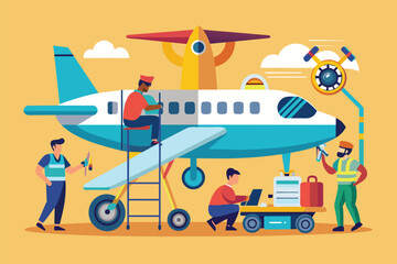 A group of mechanics diligently working on inspecting and repairing an airplane before its next flight, Mechanics repairing airplane before flight, Simple and minimalist flat Vector Illustration