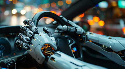 A robot driving a car with robotic arms, science fiction and technology. Wall Art Design for Home Decor, 4K Wallpaper and Background for desktop, laptop, Computer, Tablet, Mobile Cell Phone