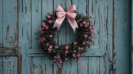 Fototapeta na wymiar A blue door is adorned with a pink wreath of flowers and a matching bow