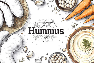 Sketch of hummus bowl with carrots and garlic. Hummus illustration with legumes and herbs. Artistic drawing of hummus ingredients and bowl