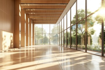 Beautiful modern spacious office hall with panoramic windows in natural beige and brown tones