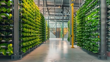 urban farming stacked shelves, vertical farm architecture photography, future green sustainable city food concept