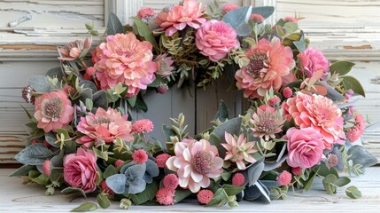   A detailed view of a floral wreath adorning a door, featuring blooms on both its front and sides
