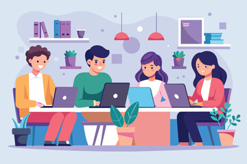 Group of People Working on Laptops at Table, men and women in the office working on laptops office work, Simple and minimalist flat Vector Illustration