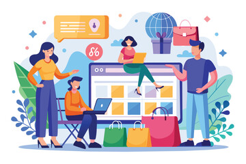 Diverse group of men and women standing together, shopping online and looking at a computer screen, men and women shopping online, Simple and minimalist flat Vector Illustration