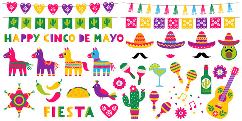 Cinco de Mayo, Mexican vector party elements (pinatas, sombreros, a guitar, cactus, avocado and decoration)