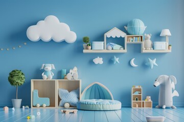 High-quality childrens furniture and toys for sale - 3d render on blue gradient background