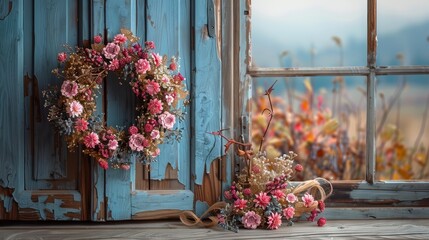 Fototapeta na wymiar A wreath atop a window sill, adjacent to a flower arrangement