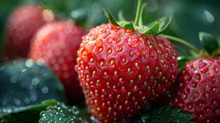 Fresh dewy strawberries up close