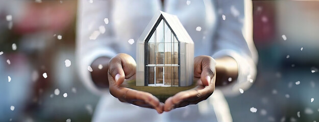 Secure Sanctuary: Careful Hands Cradle a Glass Model Home. Gentle hands hold a transparent model of a house, symbolizing protection and the importance of securing one's dwelling.