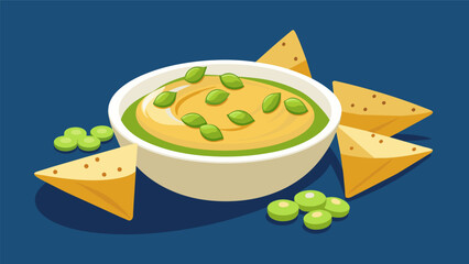A bowl of y chickpea and edamame hummus served with a side of crispy pita chips for dipping..