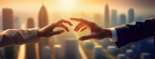 Two hands nearly touch in a gesture that signifies connection and partnership, modern city sunrise background. Before a handshake, new beginnings and collaborative ventures in urban business world.
