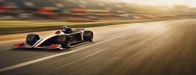A high-speed formula one car racing on a track with motion blur effect. Panorama with copy space.