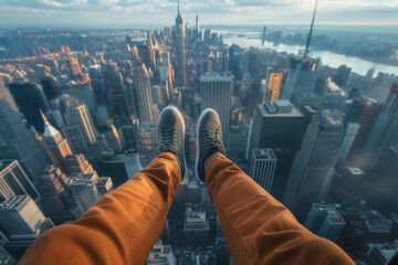 Seen from above, a man's feet hang from an airplane over the New York City skyline, displaying his...