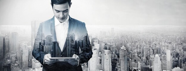Man in a suit using a tablet with city overlay. A businessman focuses on a gadget, superimposed with an urban cityscape, representing digital security or smart city concepts. Panorama with copy space.