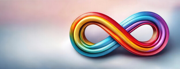 A colorful infinity symbol in rainbow hues against a light gradient background. Panorama with copy space.