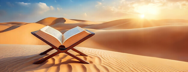 Quran on a rehal in the tranquility of a desert at sunrise. The book is positioned for reading in a serene, sandy landscape as daylight breaks. Panorama with copy space.