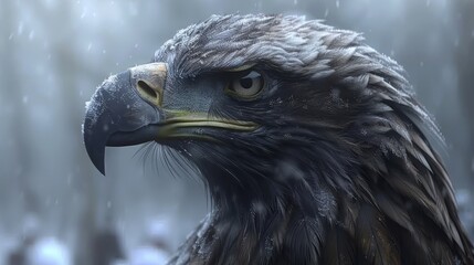   A tight shot of a bird of prey with snowflakes landing on its head Backdrop of leafless trees - obrazy, fototapety, plakaty