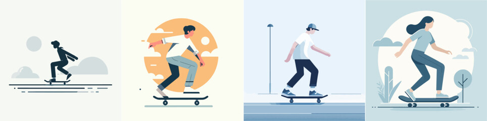 vector set of people playing skateboarding in flat design style