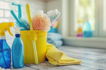 Household cleaning supplies with yellow gloves on white background. Service advertisement - Powered by Adobe