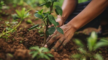 Hands planting a tree in a community garden for sustainability on World Population Day, uniting nature and humans