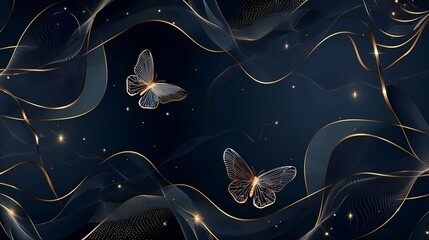Abstract background with gold lines and butterflies. Vector illustration for your design