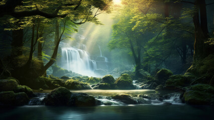 A majestic tree frames a waterfall cascading into a serene forest river. Beauty of nature concept