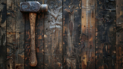 Wooden background with hammer. Old-fashioned photo