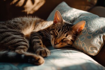 Cute kitty sleep on pillow in bed. Cat settled down for afternoon nap, taking comfort in his favorite resting spot in warmth of sun