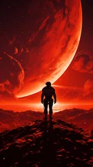 Foto op Plexiglas Astronaut stands before a big red planet at sunset on an alien world. Futuristic fantasy concept © Cherstva