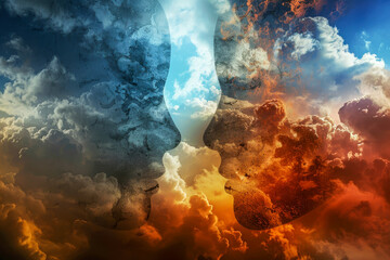 Two faces are shown in the sky, one with a blue face - obrazy, fototapety, plakaty
