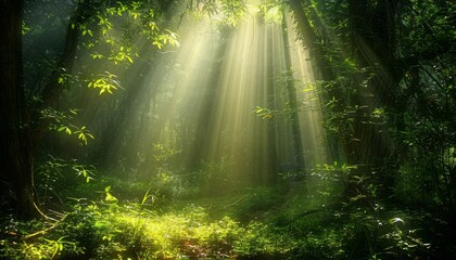 Spectacular sunlight filtering through verdant green forest on a clear sunny day