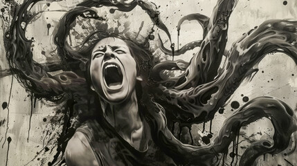 A woman with long hair is screaming in a painting - obrazy, fototapety, plakaty